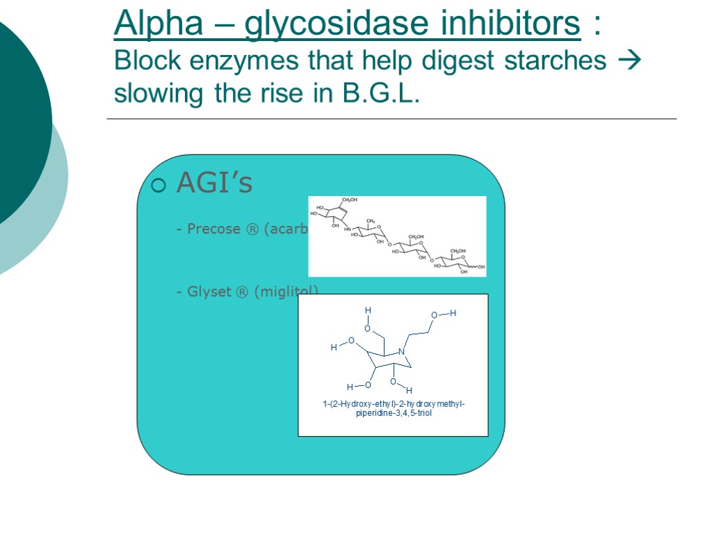 Αlpha – glycosidase inhibitors : Block enzymes that help digest starches  slowing the